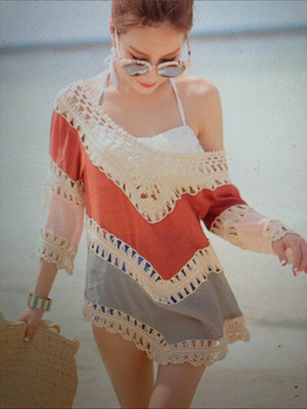 Women’s Crochet Trim Beach Cover-Up in Rust, Gray & Cream